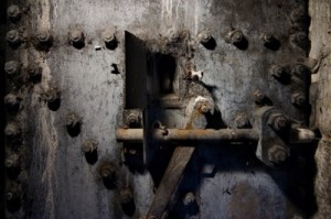 Old secure steel door locking mechanism