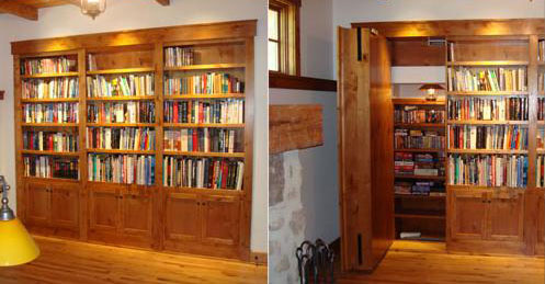 Secret bookcase door opens outward to reveal hidden room