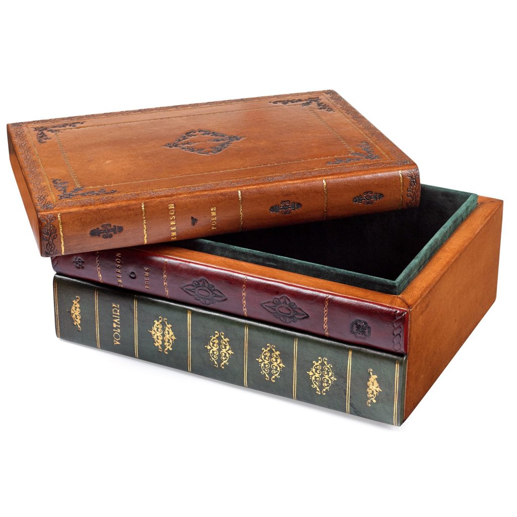 Secret compartment in wooden box made to look like stack of books